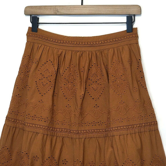 Jason Wu Embroidered Eyelet Midi Skirt Tiered Ruffle A Line Boho Chic Brown S - Picture 2 of 16